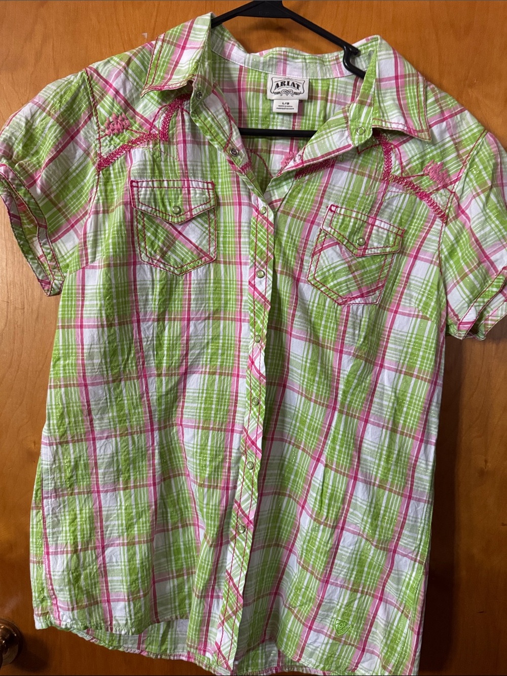 Ariat Lime Green & Pink Plaid Short-Sleeve Button-Down Shirt